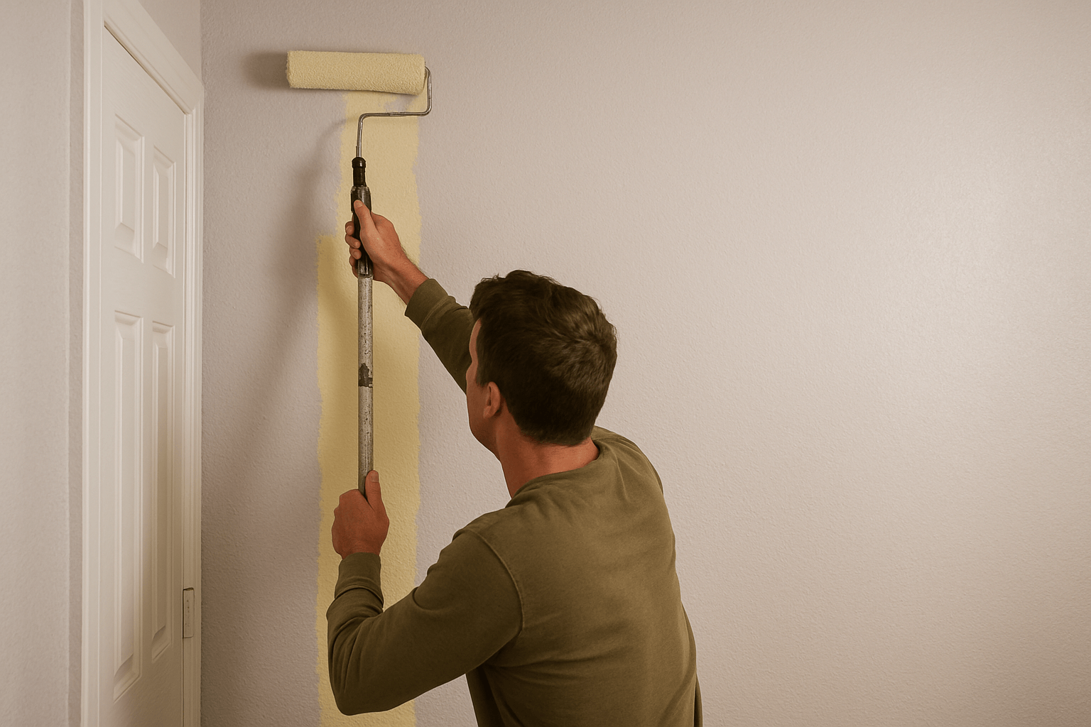 A painter carefully applies a new coat of paint to a bedroom wall in a home for a smooth, clean finish.