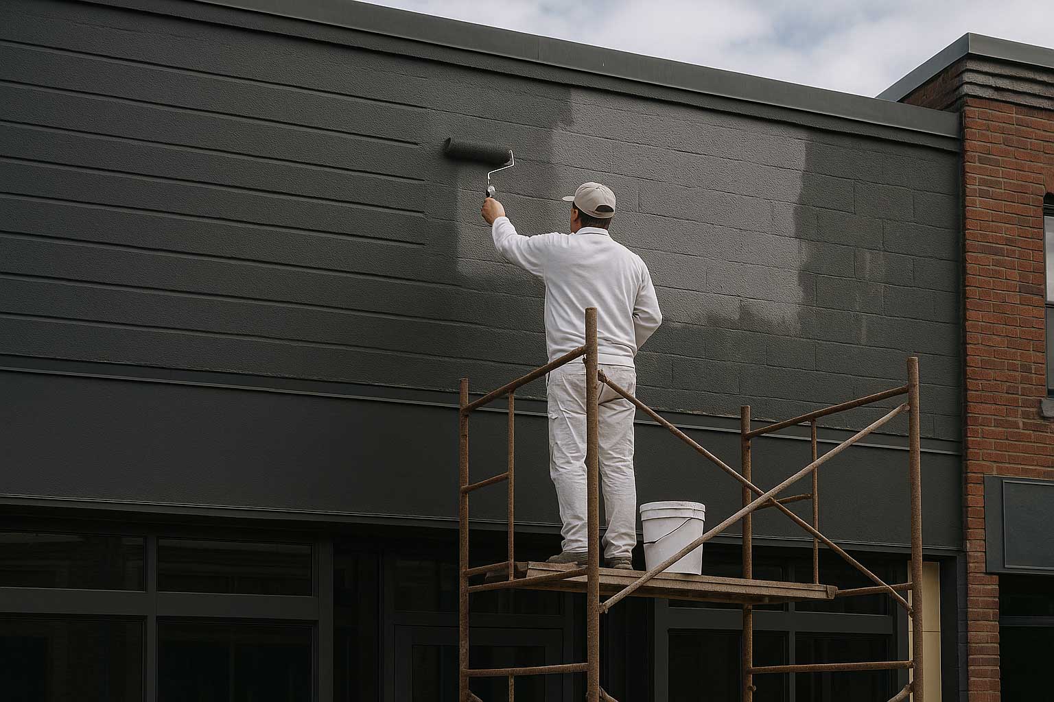 Professional painter applying high-durability exterior paint to a commercial building with scaffolding.