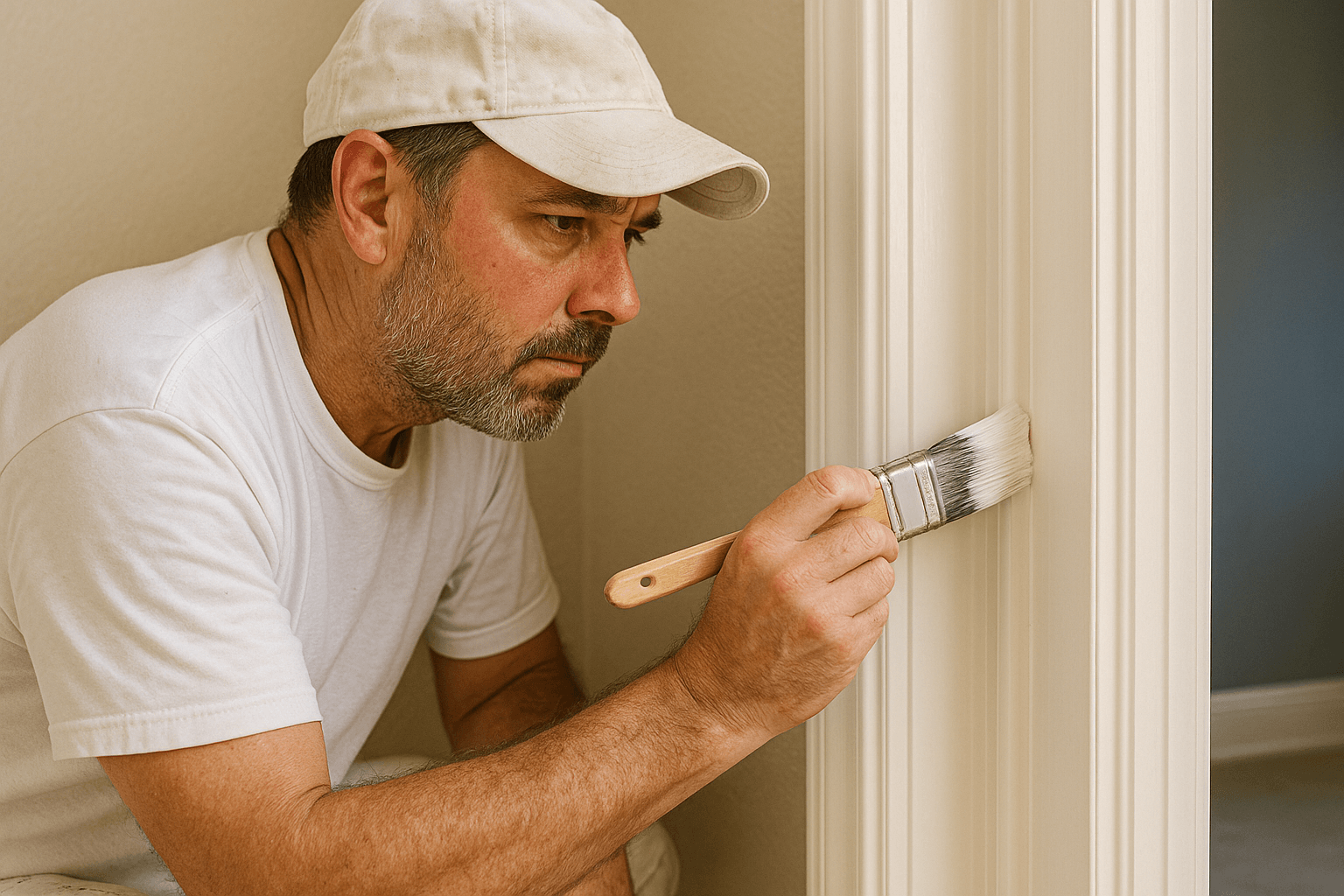 Professional painting contractor in Mystic, CT, applying color to trim during an interior project.